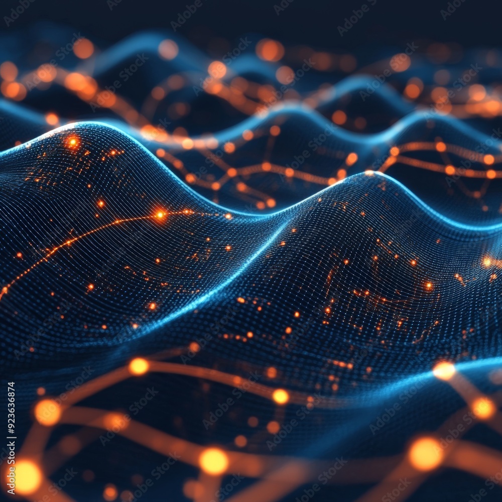 Poster futuristic digital landscape with glowing data points and dynamic waves. ideal for technology, ai, a