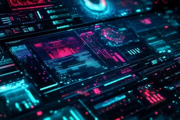 Futuristic digital interface with neon visuals, data charts, and high-tech screens, perfect for technology and cyberspace concepts.