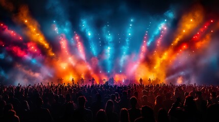 A lively outdoor music festival with a diverse crowd, colorful lights, and performers on stage