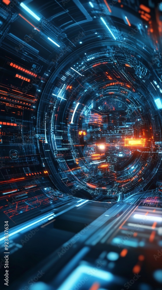 Poster futuristic digital tunnel with glowing elements and holographic interfaces, representing advanced te