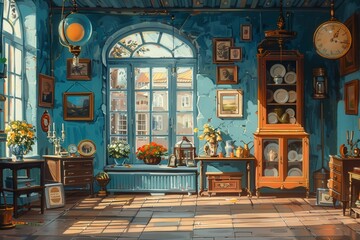 Obraz premium A cozy, vintage room filled with decor, plants, and sunlight streaming through large windows.