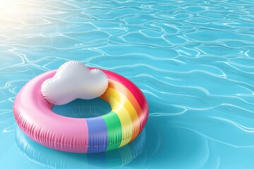 A colorful rainbow pool float rests gently on the clear blue water, perfect for summer relaxation and fun in the sun.