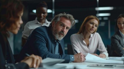 In a sleek conference room, a group of professionals engages in a collaborative discussion, exchanging ideas and insights around a table