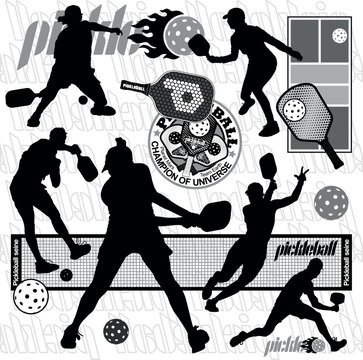 Silhouettes of 6 pickleball players (3 girls and 3 guys} 1
