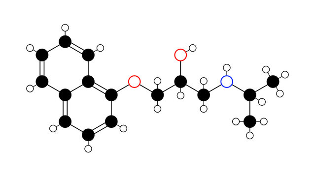 propanolol molecule, structural chemical formula, ball-and-stick model, isolated image beta blocker