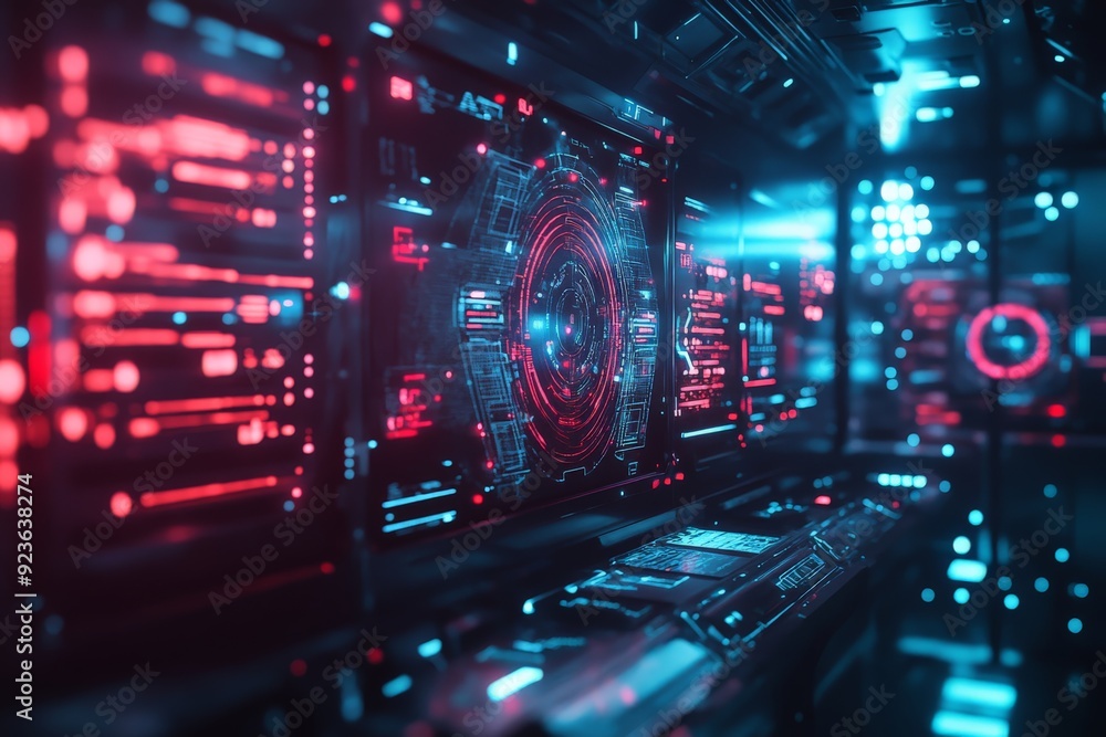 Poster futuristic interface with glowing red and blue lights and high-tech digital displays in a dark contr