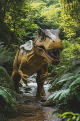Fototapeta premium A dinosaur is walking through a forest. The dinosaur is large and has a menacing look on its face. The forest is lush and green, with a stream running through it. The scene is peaceful and serene
