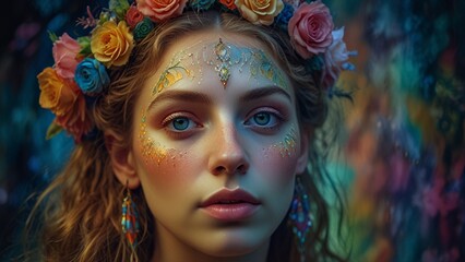 Naklejka premium Portrait of a beautiful young girl with bright make-up and a wreath of flowers on her head.