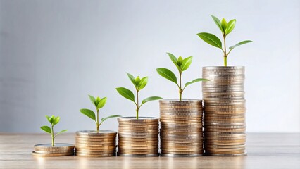 Ascending stacks of coins and growing plants on a white desk, symbolizing financial growth and increasing income through nurturing and patience.