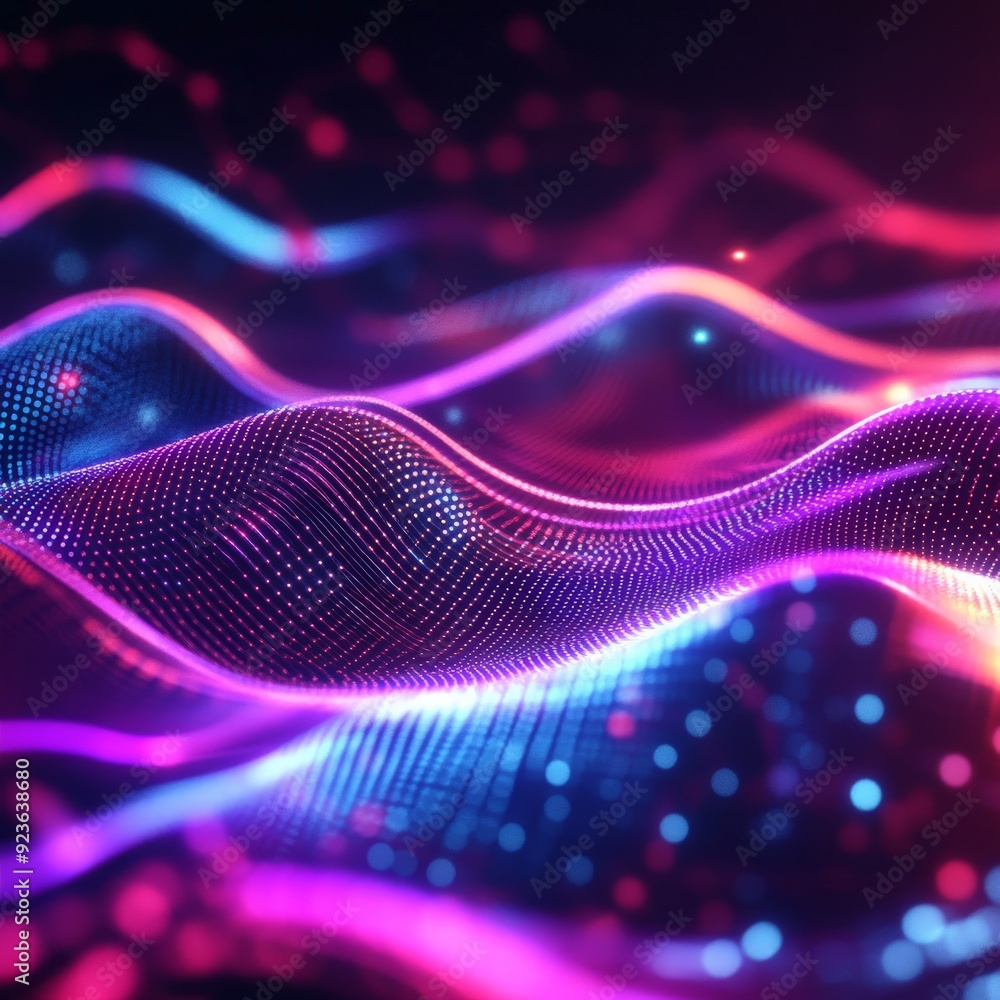 Poster futuristic neon wave pattern with glowing particles and vibrant colors, ideal for technology and dig