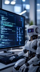 Futuristic robot working on a computer, displaying code on a monitor. Concept of AI, robotics, and software development in modern technology.