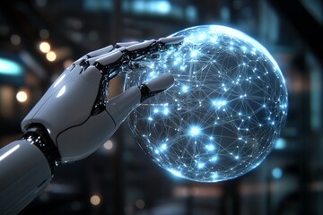 Naklejka premium Futuristic robotic hand holding a glowing digital network sphere, representing AI, technology, and innovation in a modern setting.