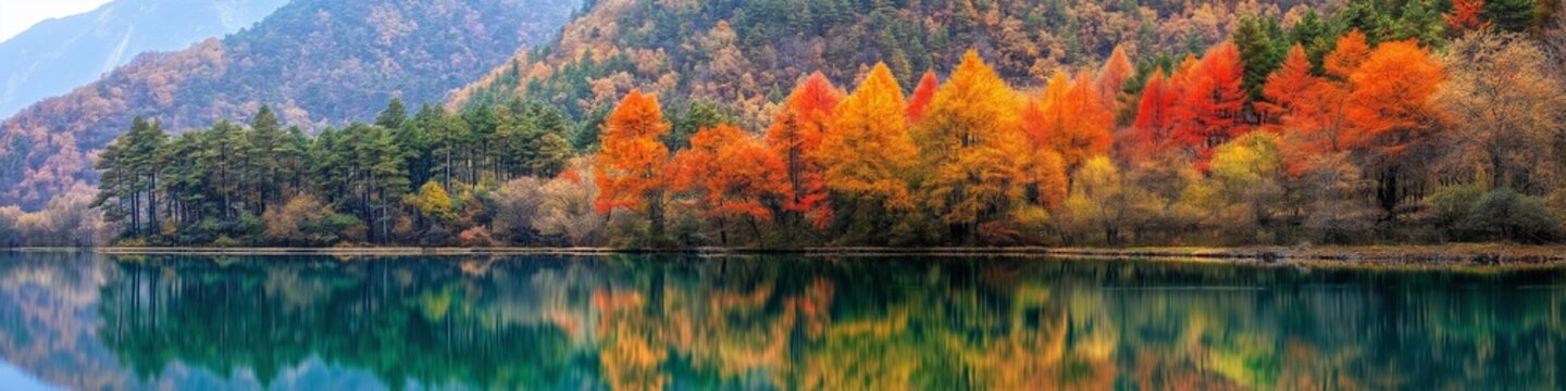 A beautiful autumn scene with a lake and trees. The water is calm and the trees are full of bright orange leaves