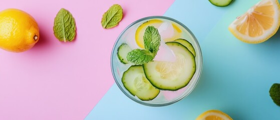 Cucumber and Lemon Detox Drink with Mint on a Pink and Blue Background