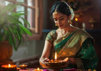 A beautiful Indian woman in saree holding a diya and plate of sweets, smiling at the camera with an outdoor background of flowers and lights