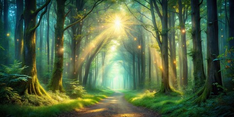 Destiny shining on the path of a soul in a mystical forest setting, destiny, path, soul, shining, mystical, forest, spiritual