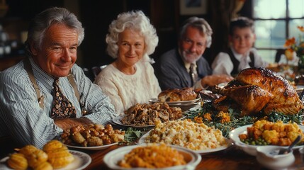 A Thanksgiving scene showing several generations of family members enjoying a Thanksgiving meal.