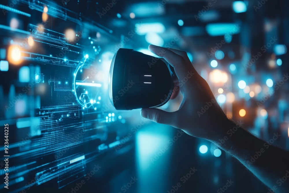 Poster hand holding futuristic device with digital interface, representing innovation and technology in a m
