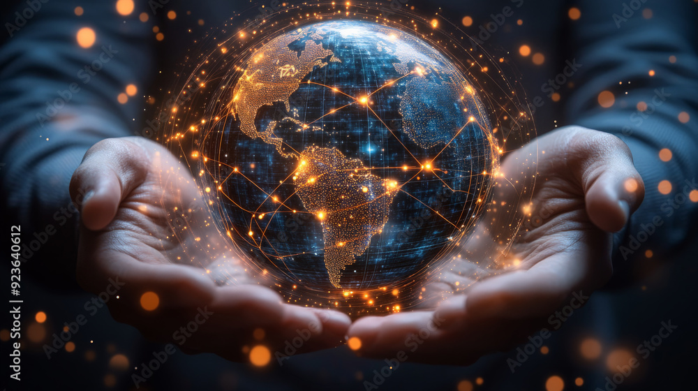 Poster hands holding a digital globe with interconnected network lights, symbolizing global communication a