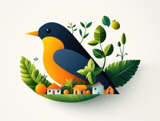 Naklejka premium A vibrant illustration of a bird surrounded by greenery and colorful houses, showcasing the harmony of nature and urban life.
