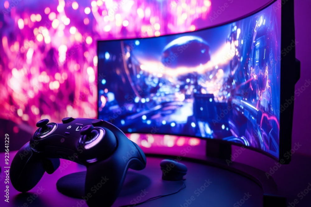 Poster immersive gaming setup with a curved screen monitor and a controller, illuminated by vibrant neon li
