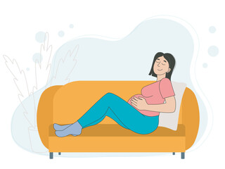 Pregnant woman lying and dozing on sofa. Young mother to be waiting for the birth of the baby. Daily rest and relaxation of pregnant woman at home, vector graphics