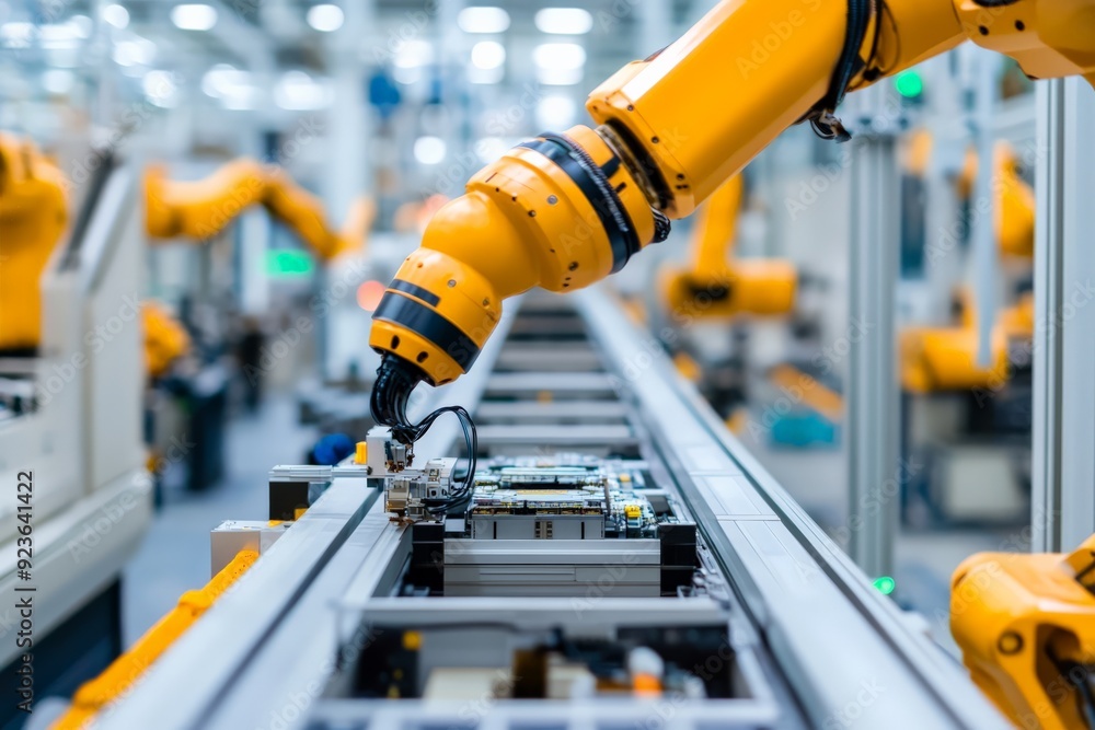 Poster industrial robot arm working on a production line in a modern factory. automation technology in adva