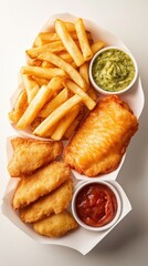 A plate of fish and fries with a side of ketchup and mayonnaise
