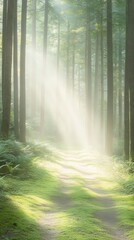 Obraz premium A forest path is illuminated by the sun, creating a peaceful