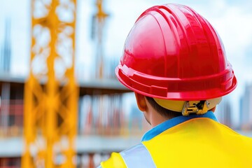 Construction worker wearing a red helmet observes the building site with cranes and scaffolding in the background, ensuring safety.