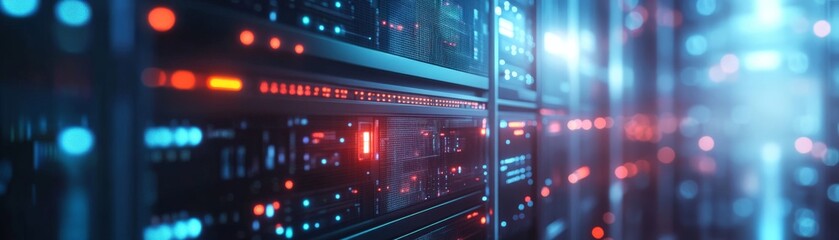 Obraz premium Modern data center server racks with glowing lights and network cables, illustrating advanced technology and data processing infrastructure.