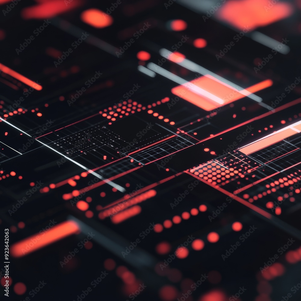 Poster modern digital circuit board with red and black elements depicting technology and data flow for use 