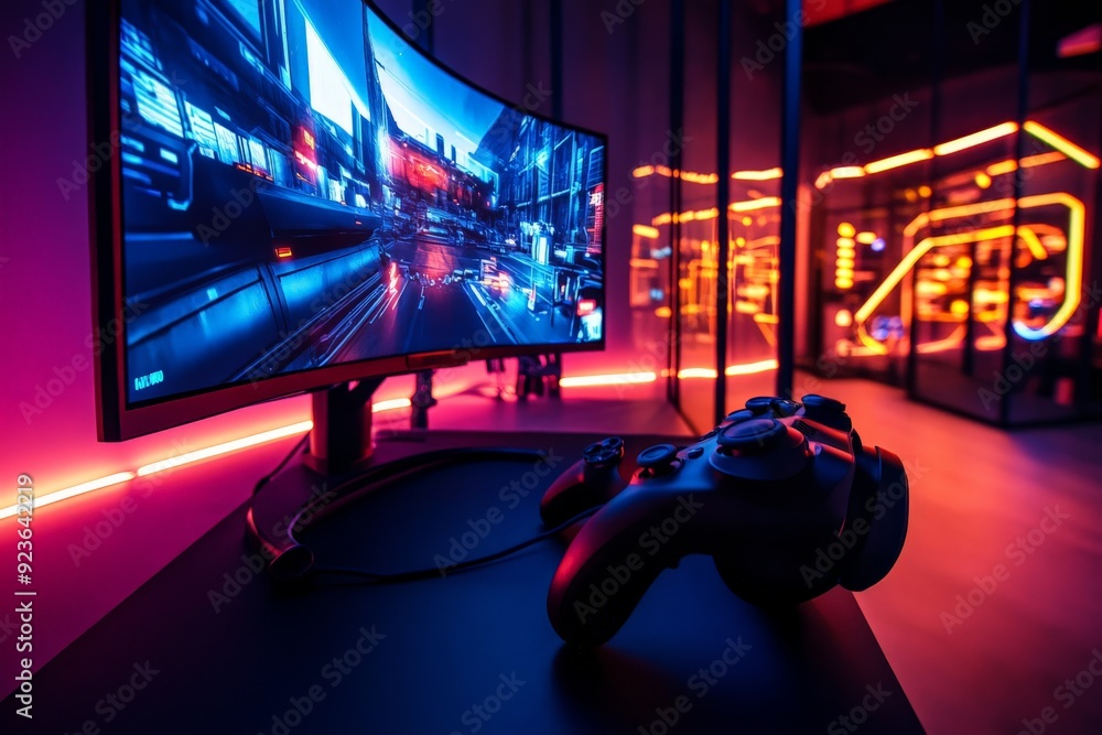 Poster modern gaming setup with curved monitor and game controller, illuminated by neon lights in a dark, f