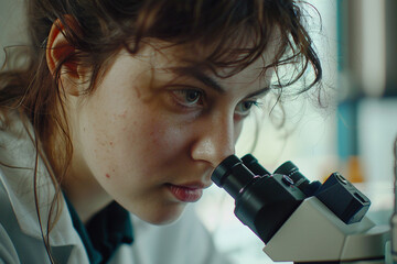 Female laboratory technician closely analyzes microscopic bacteria through microscope in research setting