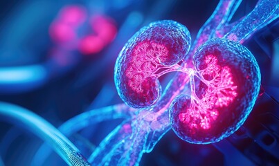 Stunning close-up of vibrant kidneys, showcasing intricate details in a colorful, abstract style. Perfect for medical and scientific themes.