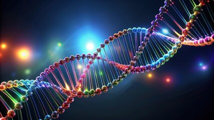 Abstract colourful DNA strand on dark background, genetics, science, helix, molecule, biology, research, structure