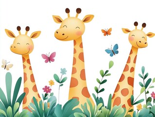 Three cheerful giraffes surrounded by flowers and butterflies in a colorful, playful design capturing a joyful nature scene.