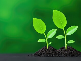 Naklejka premium Two vibrant green seedlings emerge from rich soil, symbolizing growth and new beginnings against a blurred green background.
