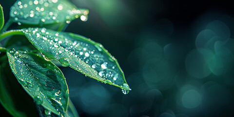 Dewdrops glisten on lush green leaves as morning light filters through foliage