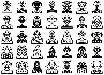 A Collection Of Horror Avatar Vector Symbols Apps, Websites Ui Designs Suitable For Halloween,Cosplay,Killer,Avatar,Spooky Vector Icon Set Linear Pictogram Pack