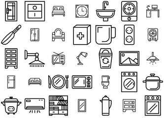 Set Of Home Supplies Isolated Silhouette Solid Icons With Home-Supplies,Electronic,Furniture,Equipment,Cupboard Vector Icons Illustration Collection