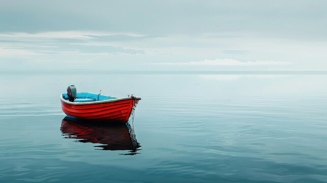 A solitary red boat floats peacefully on calm, reflective water under a cloudy sky.
