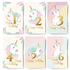Fototapeta premium Set of Happy birthday cards with cute unicorn and golden numbers. Gentle unicorn Birthday greeting card, invitation