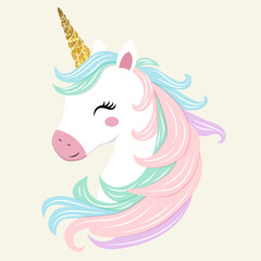 Cute unicorn with golden horn in pastel colors. Unicorn sticker. Gentle childish illustration