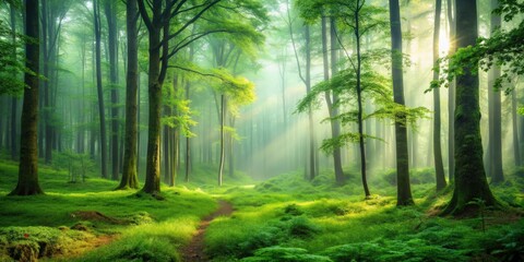 Fototapeta premium Enigmatic misty forest with a serene green landscape, perfect for nature lovers and relaxation , misty, forest, serene, green