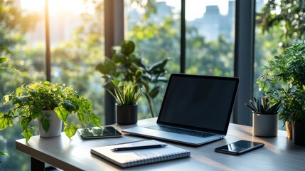 Modern workspace with laptop, smartphone, tablet, and notepad, surrounded by lush green plants and sunlight streaming through large windows.