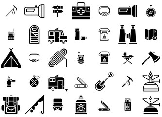 A Collection Of Hiking Icon Set Icons Web Header Banner Design Containing Adventure,Mountain,Hiking,Camping,Outdoor Set Vector Flat Line Icons