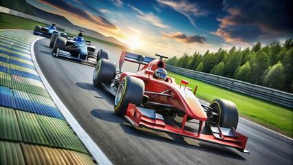 Race cars speeding around a track , speed, competition, fast, adrenaline, race car driver, sports, automotive, intense