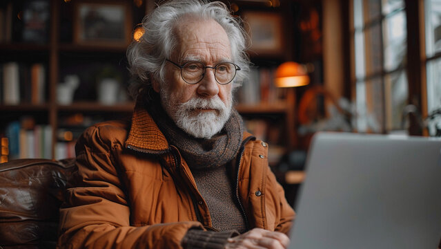 Elderly man focused on his laptop in warm, inviting setting