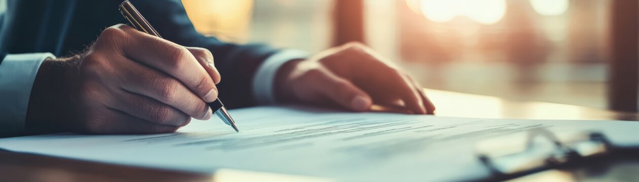Person signing a document on a table, representing business agreement, legal contract, or formal paperwork in an office setting.